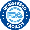FDA-registered facility badge, a statement about the factory
