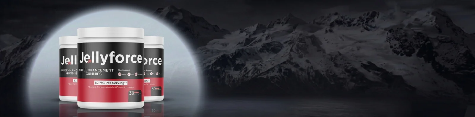 Three Jelly Force gummy jars lit against a dark mountain backdrop
