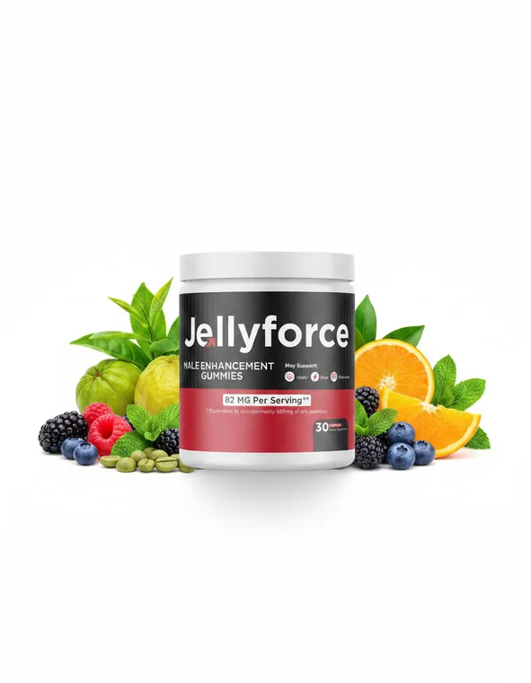 Jelly Force botanical gummy jar surrounded by fruit and green botanicals on a white background